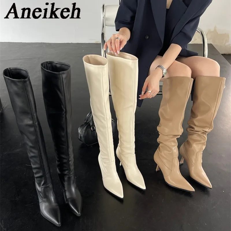 Aneikeh Concise Pleated Pointed Toe Leather Thigh High Heels Knee-High Long Boots Fashion Street Style Female Shoe Spring/Autumn