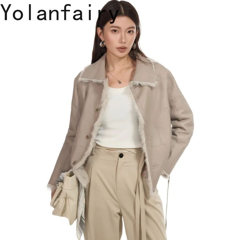YOLANFAIRY Fashion Reversible Real Fur Coats Woman Winter Top Quality Sheepskin Shearling Fur Jacket  Turn-down Collar Пальто