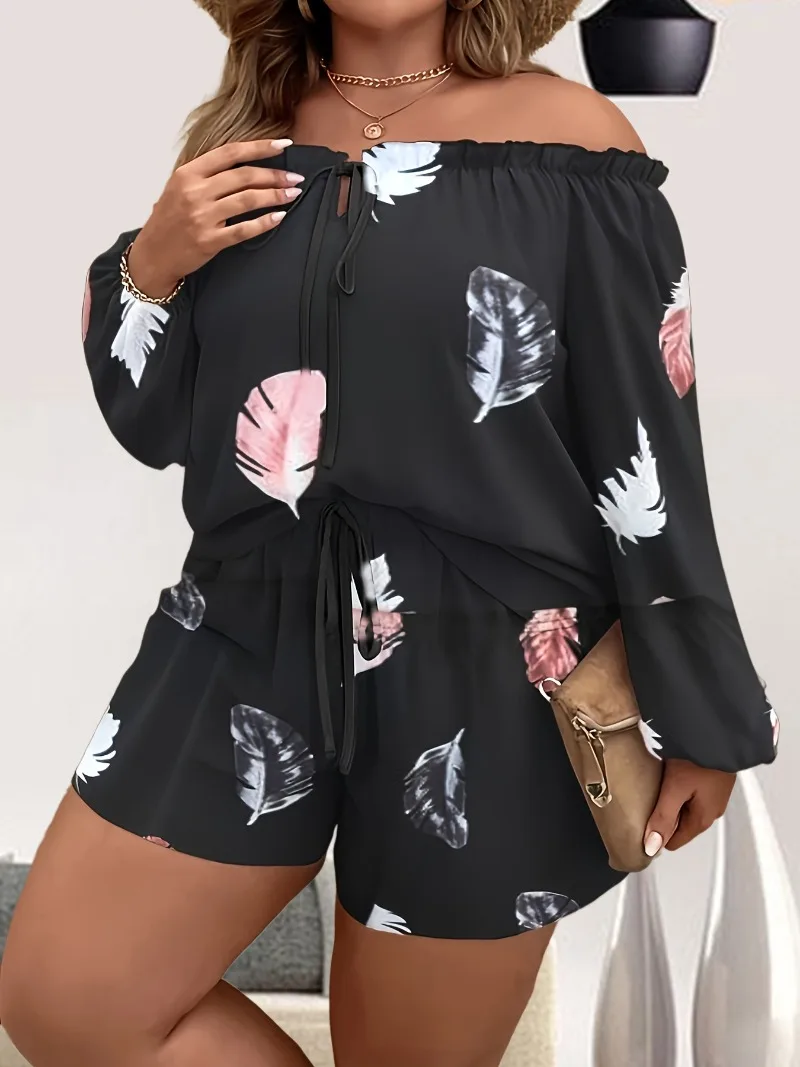 Plus Size 1XL-5XL Feather Print Two-piece Set Off Shoulder Lace Up Top & Shorts Outfits Women\'s Plus Size Clothing