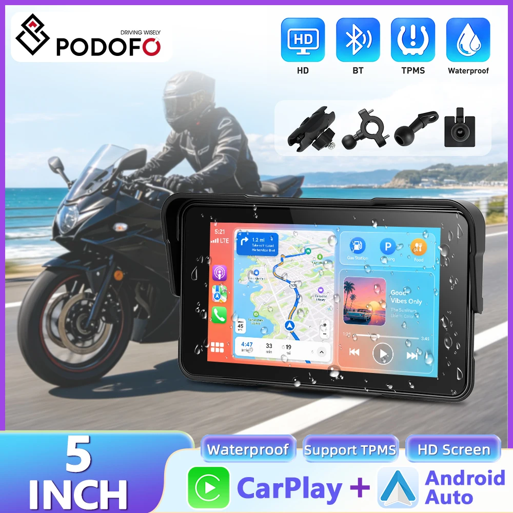 Podofo 5 Zoll Tragbares Digitales Motorrad-Dashboard GPS Motorrad-Navigationsdisplay Drahtloses CarPlay Moto Android Auto