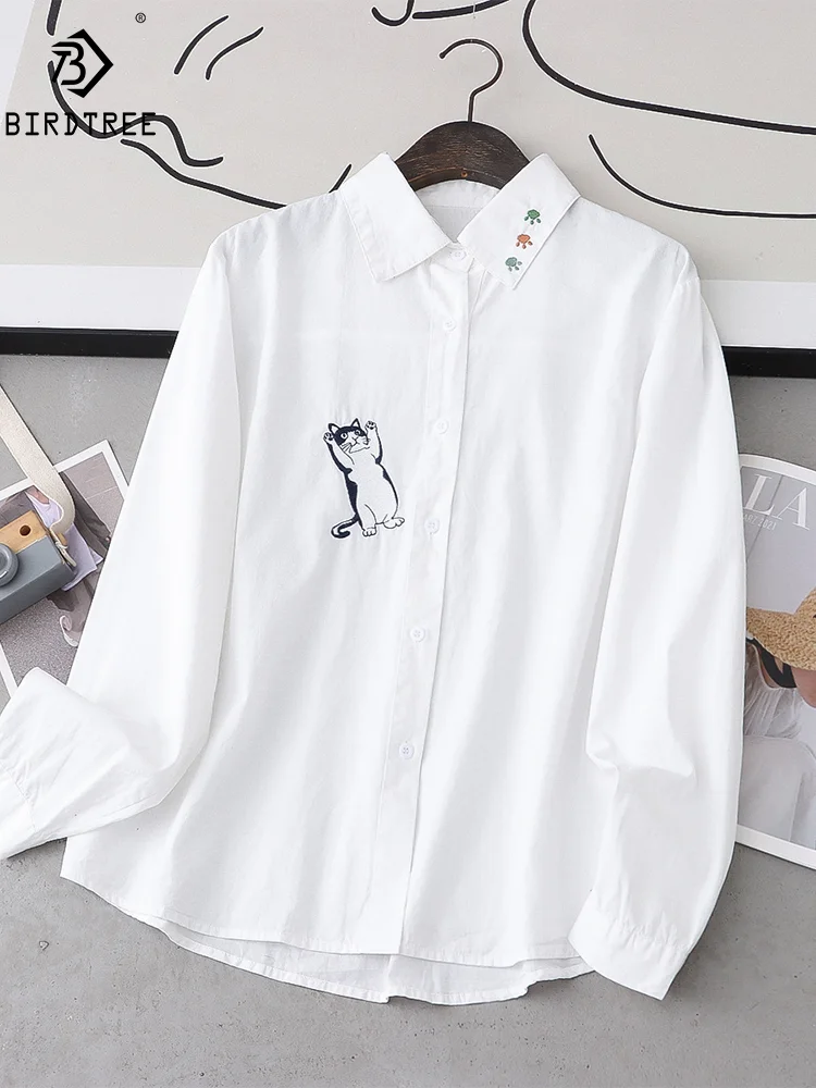 New Summer Cotton Long Sleeve White Shirt Lapel Cartoon Embroidery Top Girl Sweet Casual Loose Blouse 2024 Autumn T46286QM