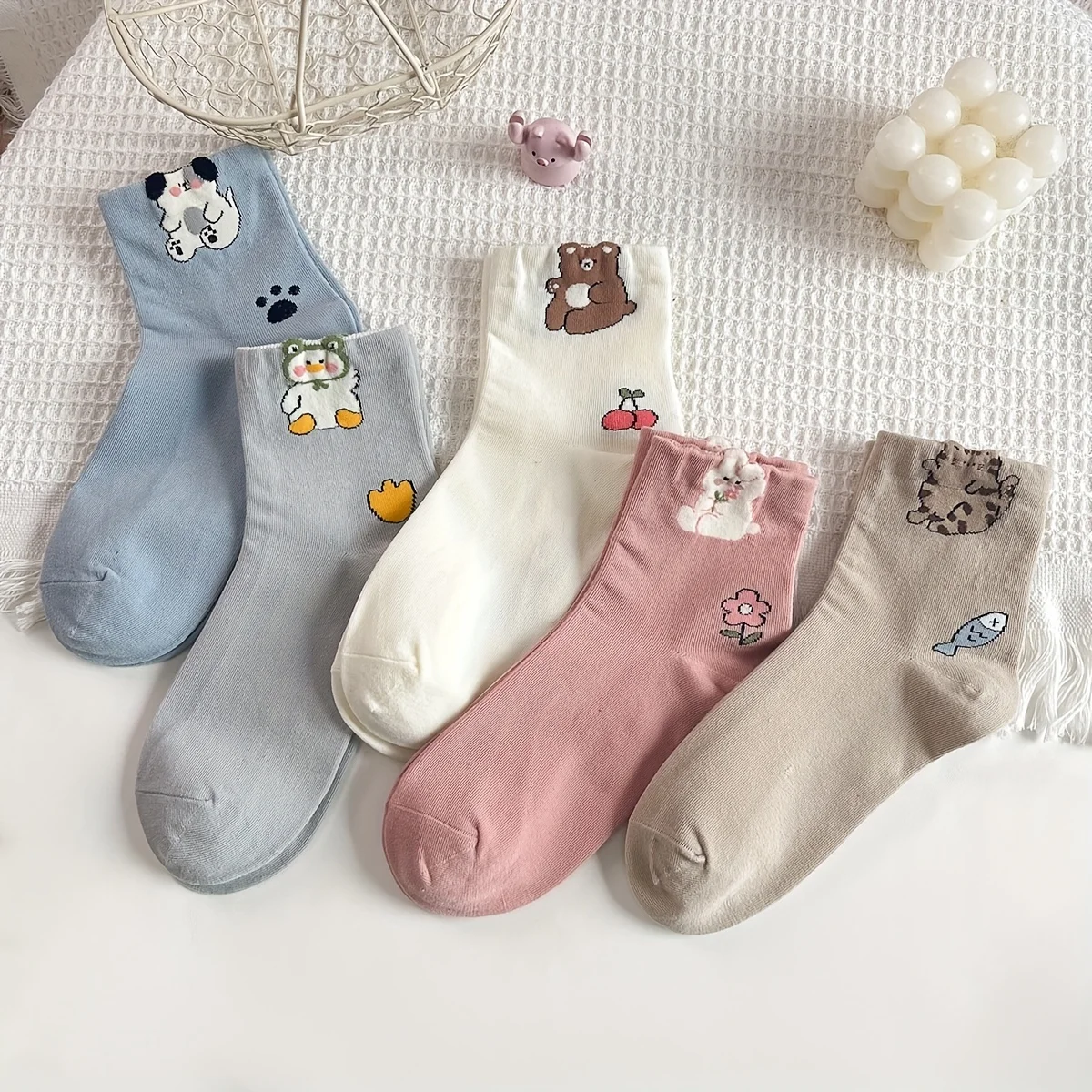 5 Pairs Cute Animal Rabbit Cat Dog Pattern Socks for Girls Autumn Winter Casual Breathable Mid-Calf Long Socks Multicolor