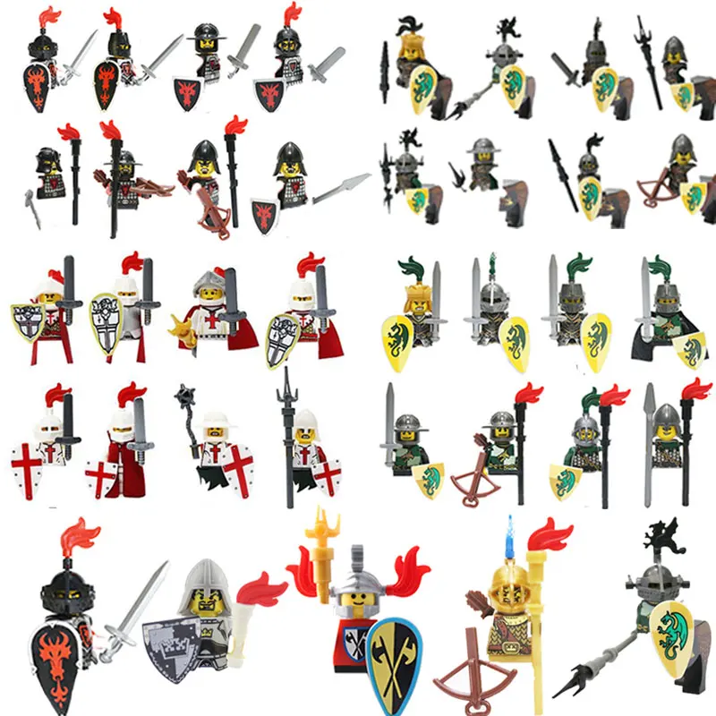 Figuras de caballeros del dragón Medieval, bloques de construcción, Castillo de guerra militar de Roma, soldados, armas de caballo del ejército, escudo, espada, juguetes para niños, regalos