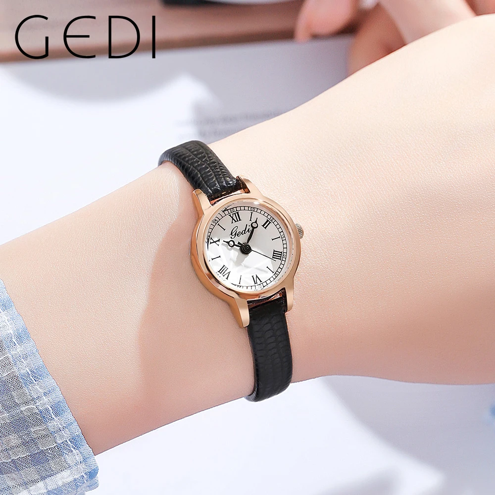 GEDI Ultra-thin Watch Women Luxury Brand Small Quartz Wristwatch Ladies Watches PU Leather Band Roman Scale Water Resistance 30m