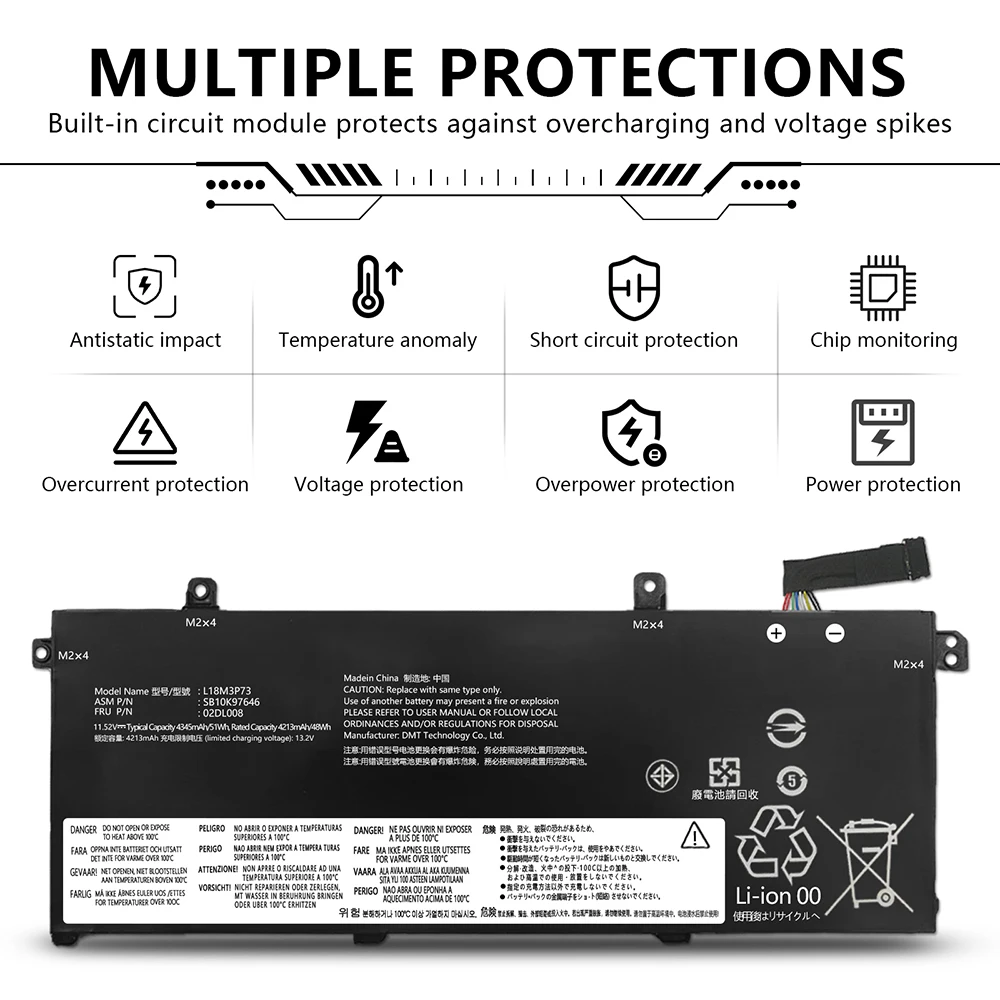 L18M3P73 L18L3P73 L18M3P74 batería del ordenador portátil para Lenovo ThinkPad T490 T495 P43S L18C3P72 SB10T83122 02DL007 11,52 V 51Wh