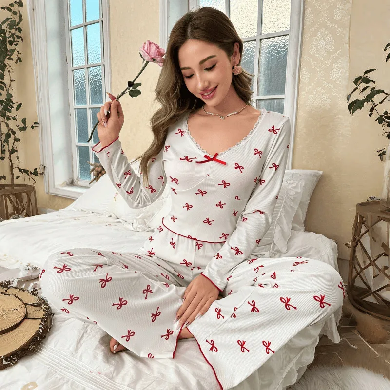 Pajama Set for Women Spring Fashion Bow Tie Long-Sleeved Long Pants Printed Stretch Comfortable Casual Home Clothes