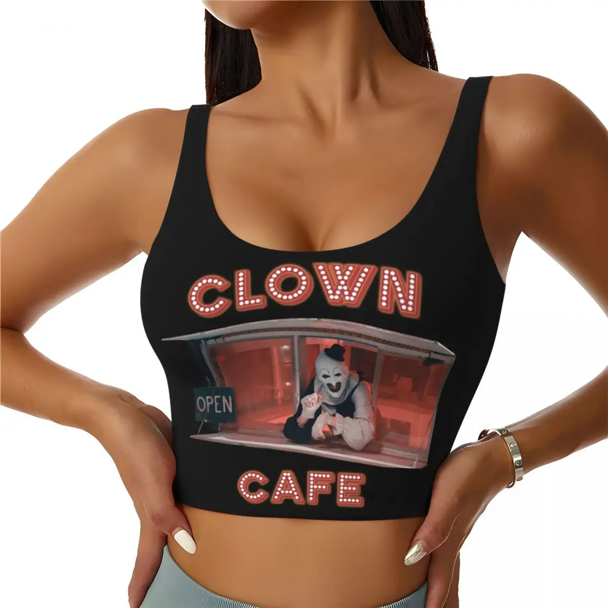 Custom Terrifier Clown Cafe Workout Crop Tank Tops for Women Seamless Running Yoga Sports Bras