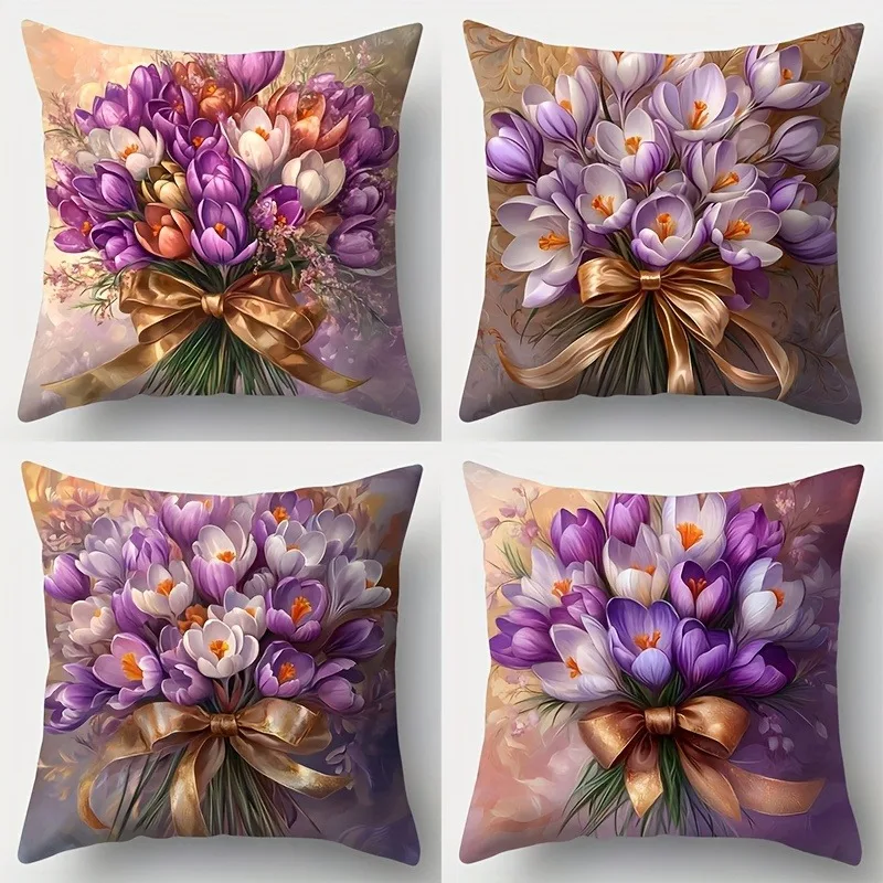 

Elegant Purple Crocus Bouquet Pillowcase: Gold Ribbon Accent Cushion Cover for Sofa Bedroom Home Decor
