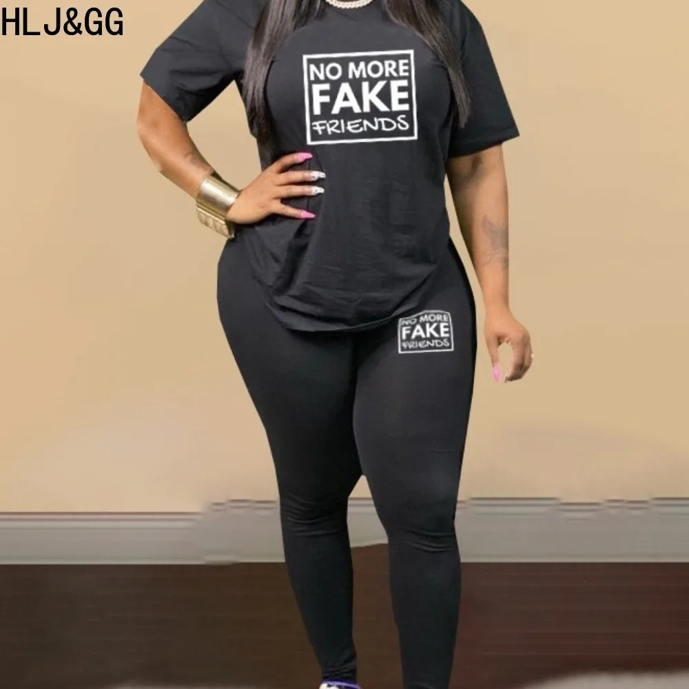 

HLJ&GG Black Casual Letter Print Sporty Two Piece Sets Women O Neck Short Sleeve Tshirt + Skinny Pants Outfits Female Tracksuits