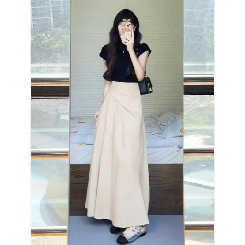 High Waist Asymmetrical A-Line Skirt for Pear Shaped Women Spring New Style Slimming Midi Skirt Fresh Sweet Girl Style Polyes...