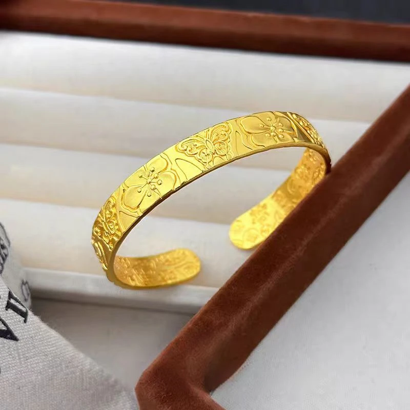 OUYADI 14K Gold Plated Stainless Steel Vintage Butterfly Open Cuff Bangle, Style Embossed Bracelet Unisex Jewelry Gift