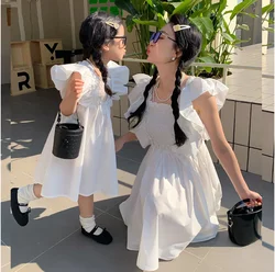 Mum and Baby Girl Matching Smocked White Dress Mother and Daughter Cotton Ruffle Sleeve Christening Dresses Women Clothes Frock