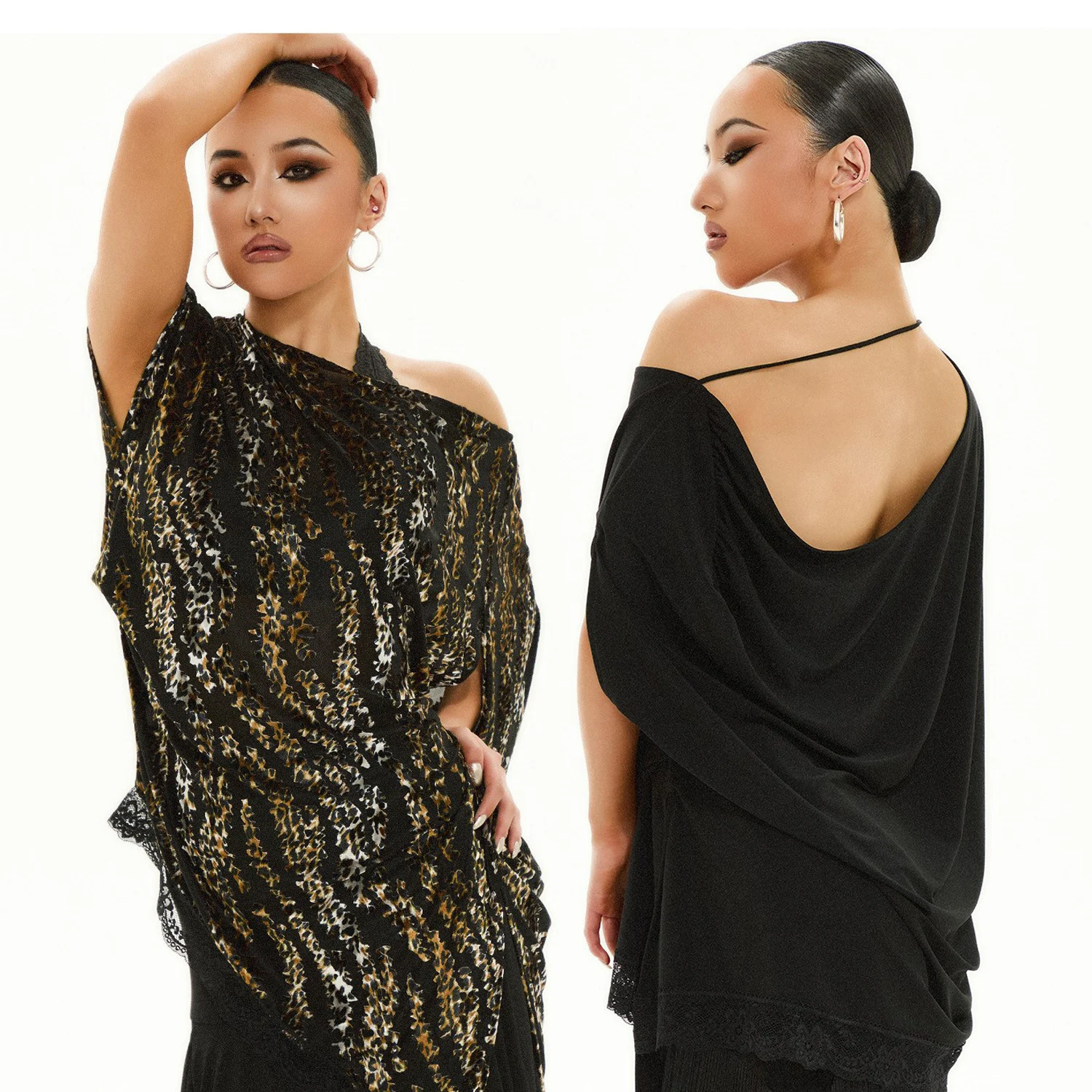 2025 épaule inclinée lâche Latin haut de danse femmes dentelle irrégulière Laeopard noir hauts Rumba Samba danse factice vêtements DNV23308