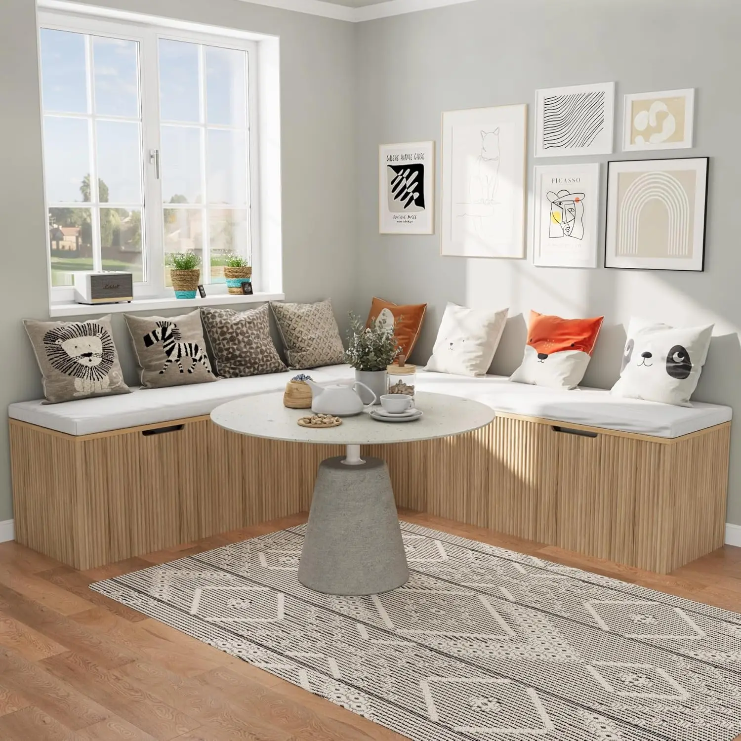 مقعد تخزين على شكل حرف L مع وسادة، مقعد طعام زاوية بدون ظهر، مقعد زاوية لتناول الطعام في المطبخ مع مساحة تخزين مخفية (خشب طبيعي) #4