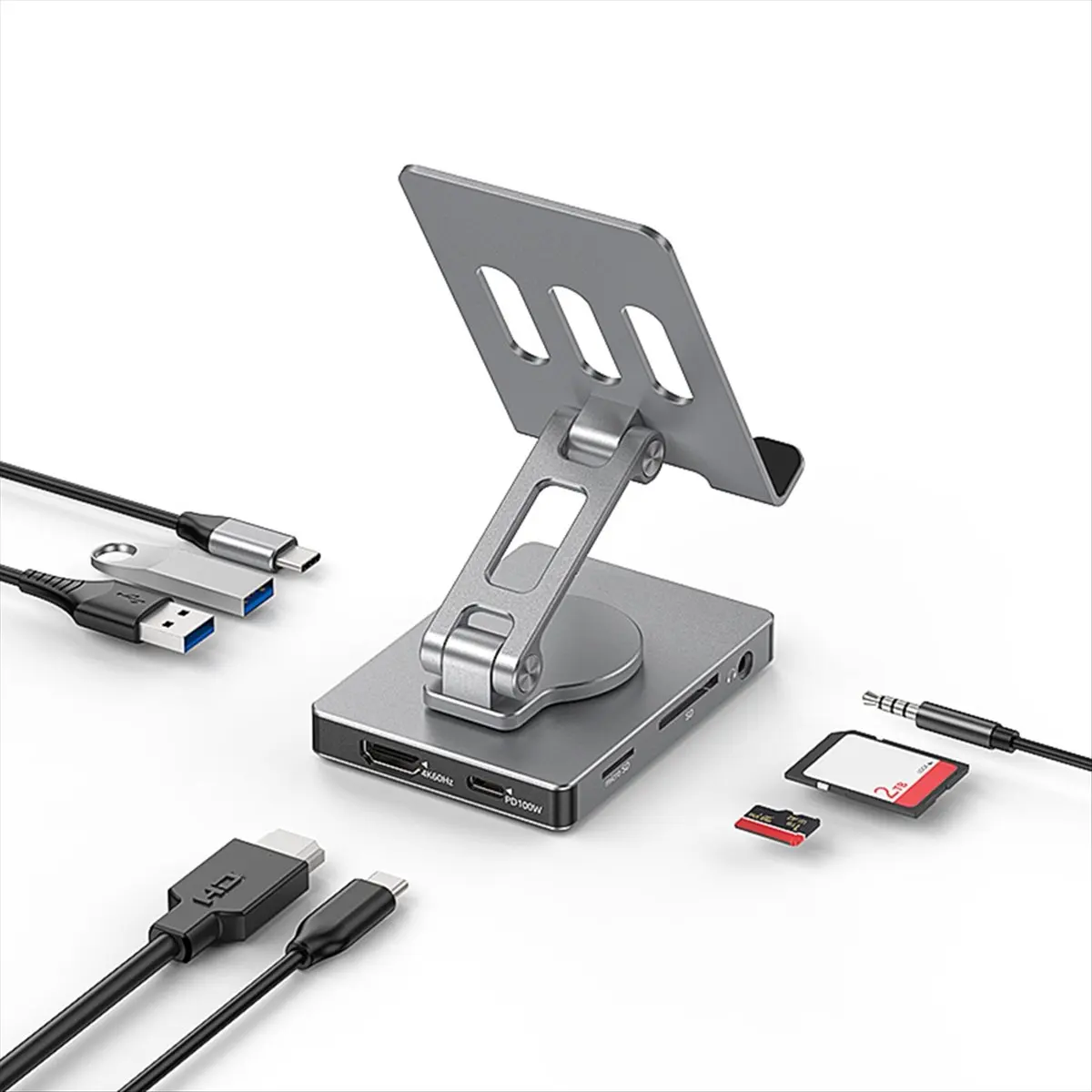 Top 8 in 1 USB C Foldable Docking Station with 360°Rotation 5Gbps,SD TF Reader,PD 100W Phone Hub Holder for IPhone/Switch