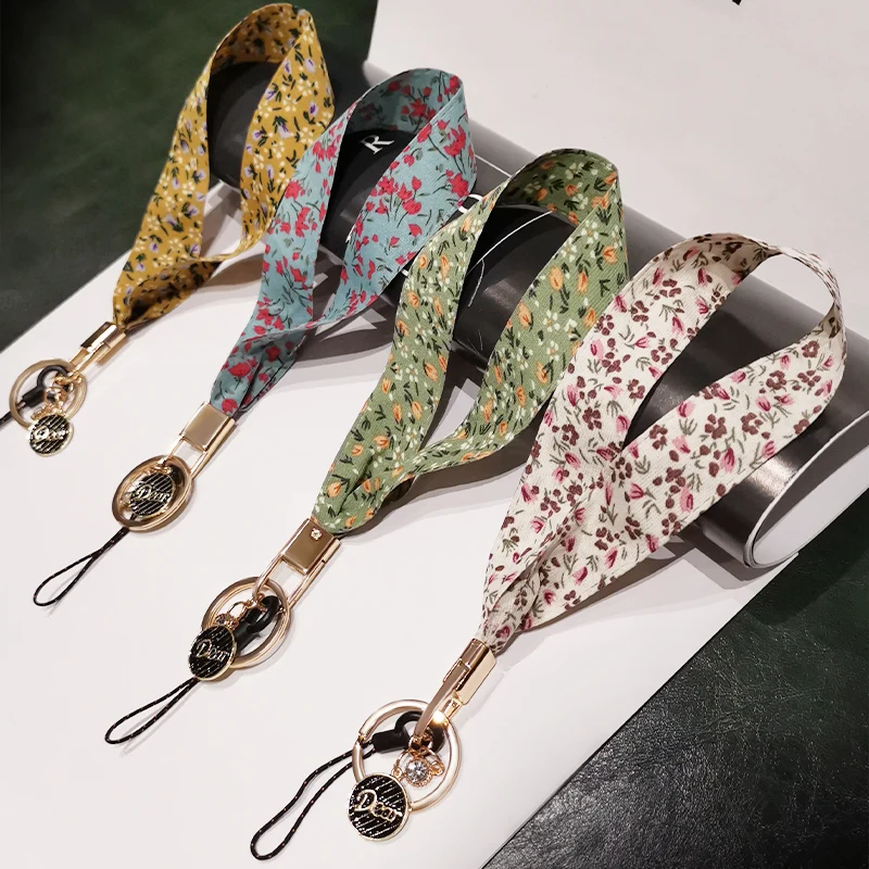 

Short Flower Print Silk Phone Lanyard Strap For iphone redmi samsung Camera Mobile Phone ID Card Hanging Rope String