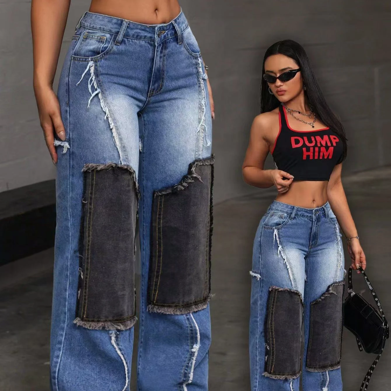 レディースストレートパンツ、マムジーンズ、パッチワーク、ハイウエスト、ダメージ加工、ウォッシュド、ヴィンテージ、フルレングスデニム、Y2Kトラウザーズ、ストリートウェア