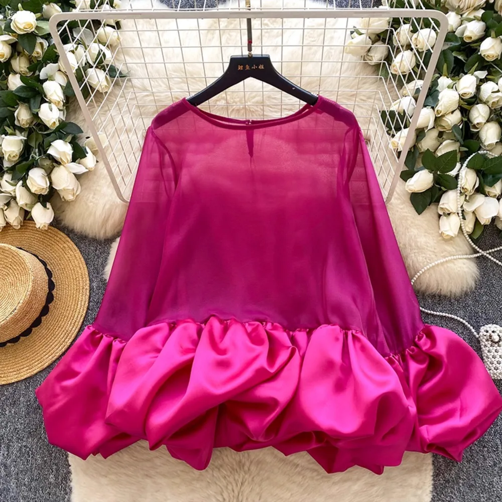 

Осенняя повседневная сетчатая рубашка с коротким рукавом для женщин с принтованными оборками, женский повседневный топ, оптовая продажа женской одежды