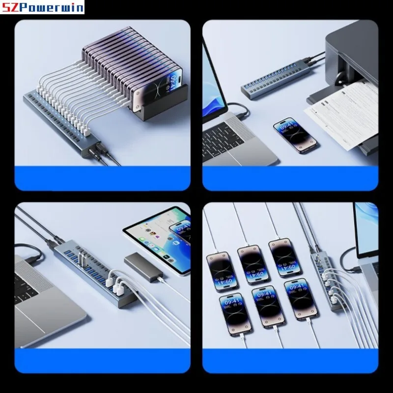 USB3.0 Hub الألومنيوم الصناعي 7-Port/10-Port/16-Port Splitter Split Switch مع محول الطاقة لأجهزة Macbook والهواتف المحمولة والأجهزة اللوحية
