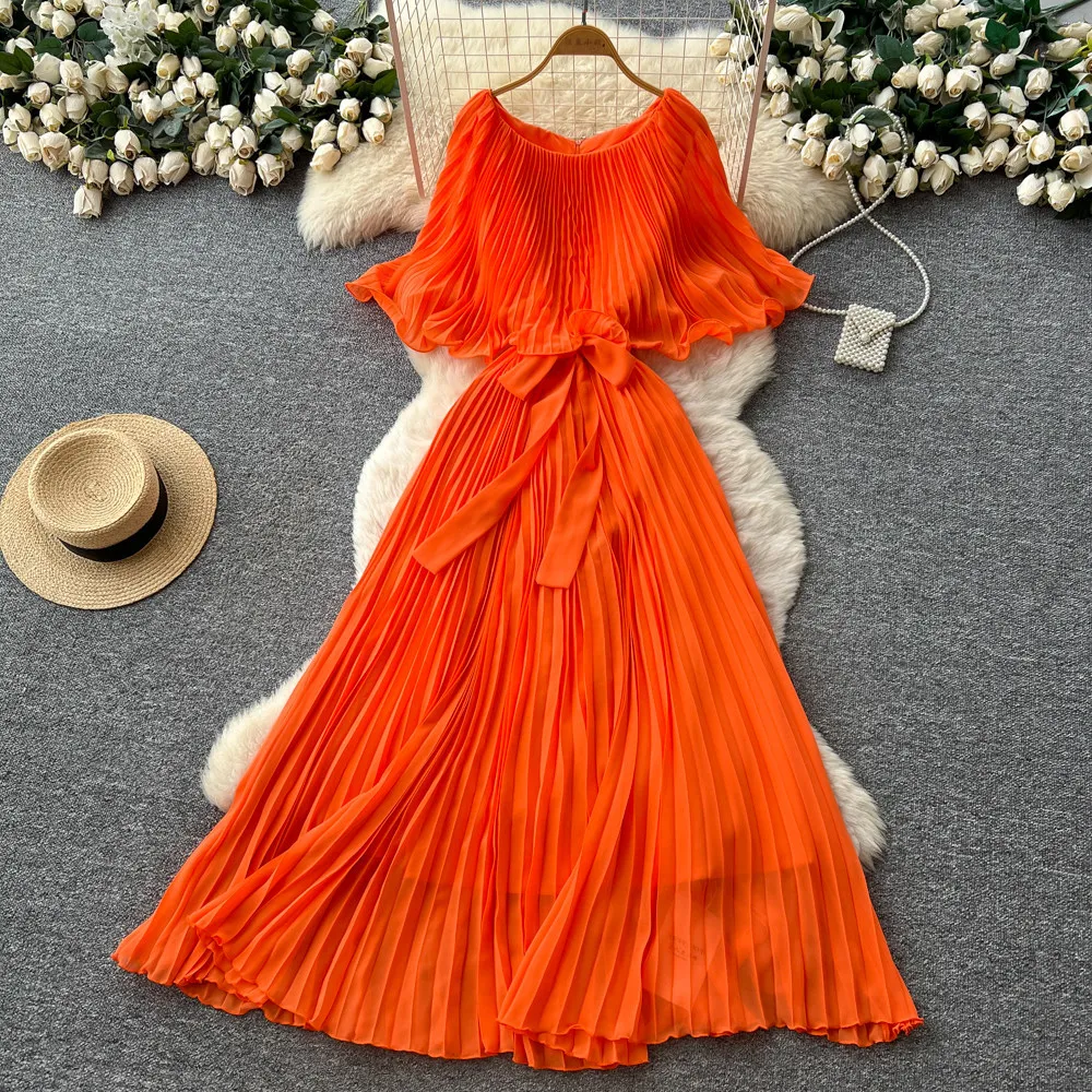 

Women Solid Pleat Dresses A Line Dress Lace Up Waist Cinch Slash Neck Ankle Lenth Half Sleeves Loose Casual Elegant 2026 Spring