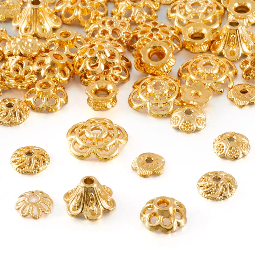 

60pcs Mixed Gold Color Alloy Bead Caps Hollow Filigree Flower Spacer Caps Beads For Diy Jewelry Finding Making