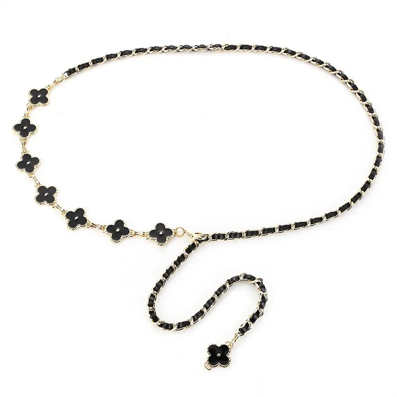 Accessori decorativi per guarnizioni in vita con cintura decorativa per gonna a catena in metallo bifacciale in bianco e nero con quadrifoglio