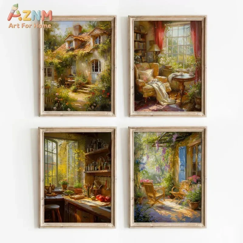 AZNM Vintage French Cottage Garden Canvas Wall Art, Warm Sunlight Country House Floral Kitchen Room Oil Painting, Home Decor Unf