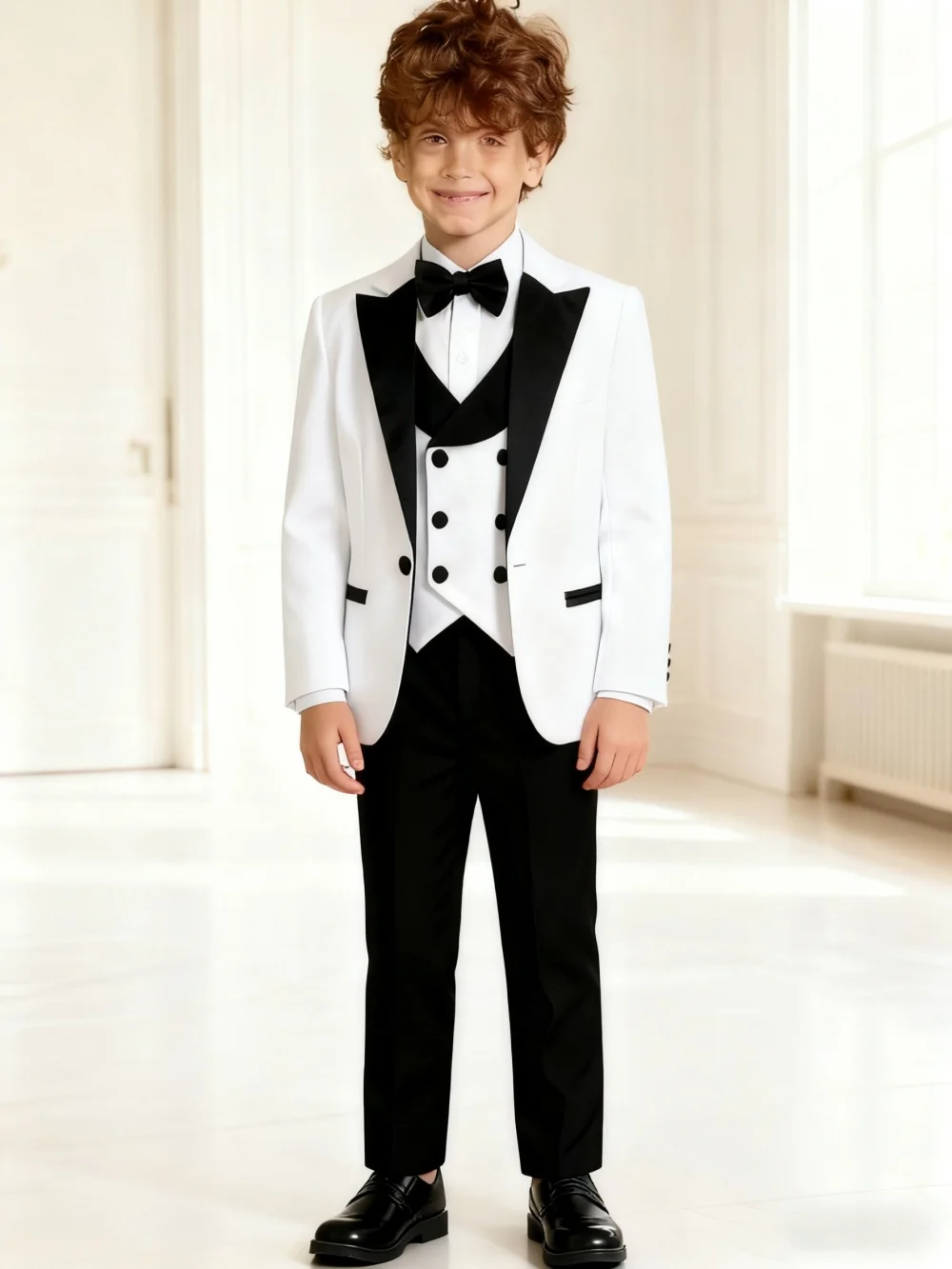 

Formal 4 Pieces Boy's Suit Set Trendy Peak Lapel Classic Tuxedo For Kids Wedding Ring Bearer Suits Jacket Vest Pants Bow-Tie