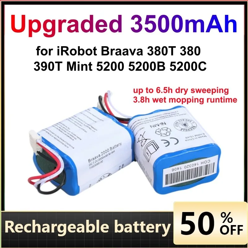 Upgraded 3500mAh Battery for iRobot Braava 380T 380 390T Mint 5200B 5200C Robot Mop Cleaner up to 6.5h dry sweeping Battery
