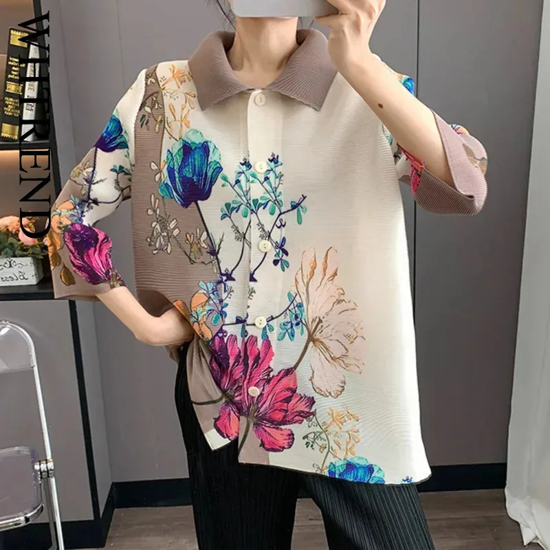 

WHTREND Pleated Printed Shirts Women Turn-Down Collar Single Breasted Loose Versatile Elegant Shirt Top Female Fashion WH1136