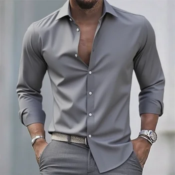 Solid Color Men's Casual White Shirt, Fashionable Casual Long Sleeve Stretch Fabric, Business Formal Shirt, Comfortable Fabric 4