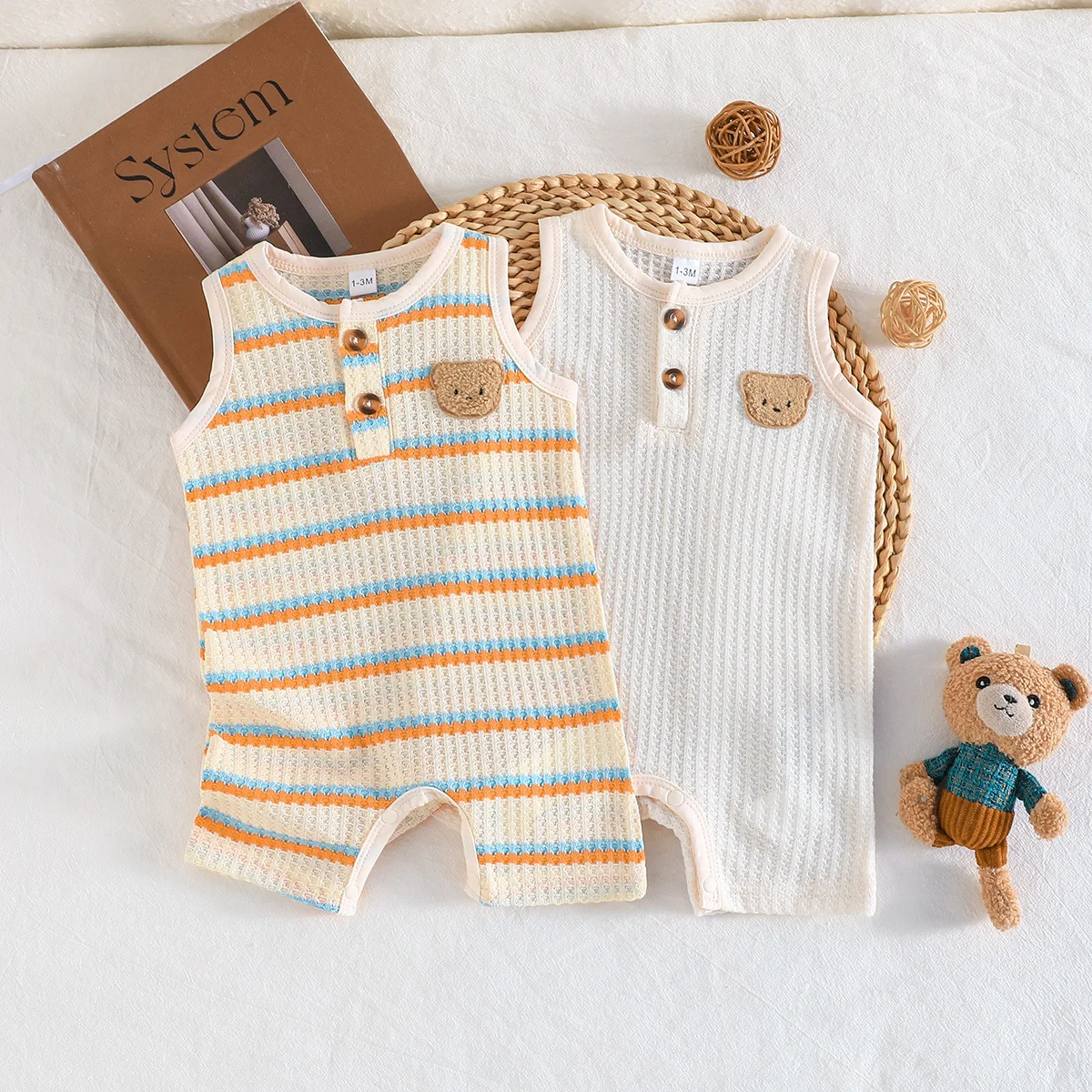 2pcs Infant Baby Waffle Sleeveless Romper Bear Embroidery Jumpsuit Newborn Summer Breathable Home Outfit Daily Playsuit ZYD47