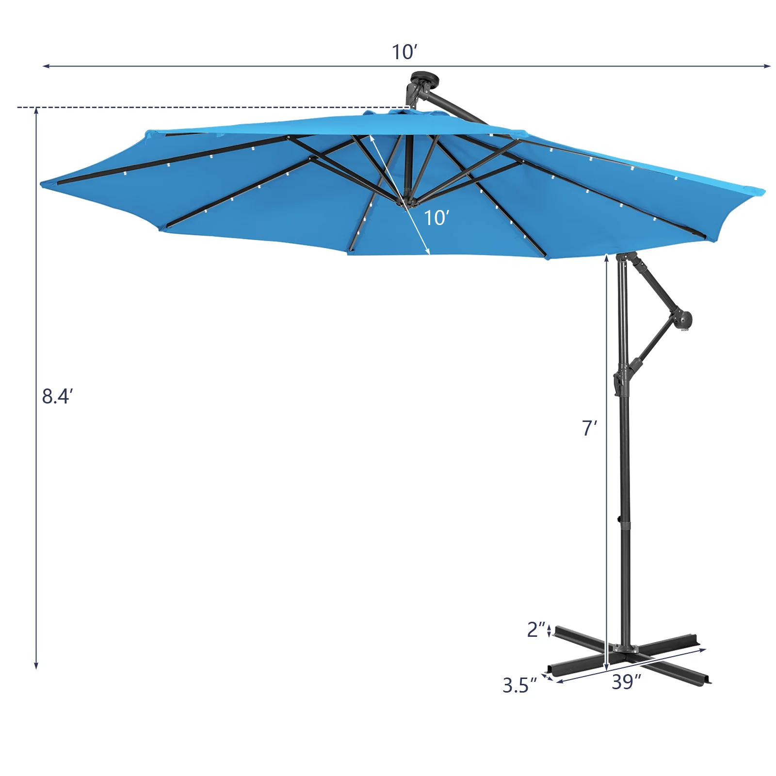 10FT Cantilever Solar Powered 32 LED Lighted Patio Offset Umbrella Outdoor Blue