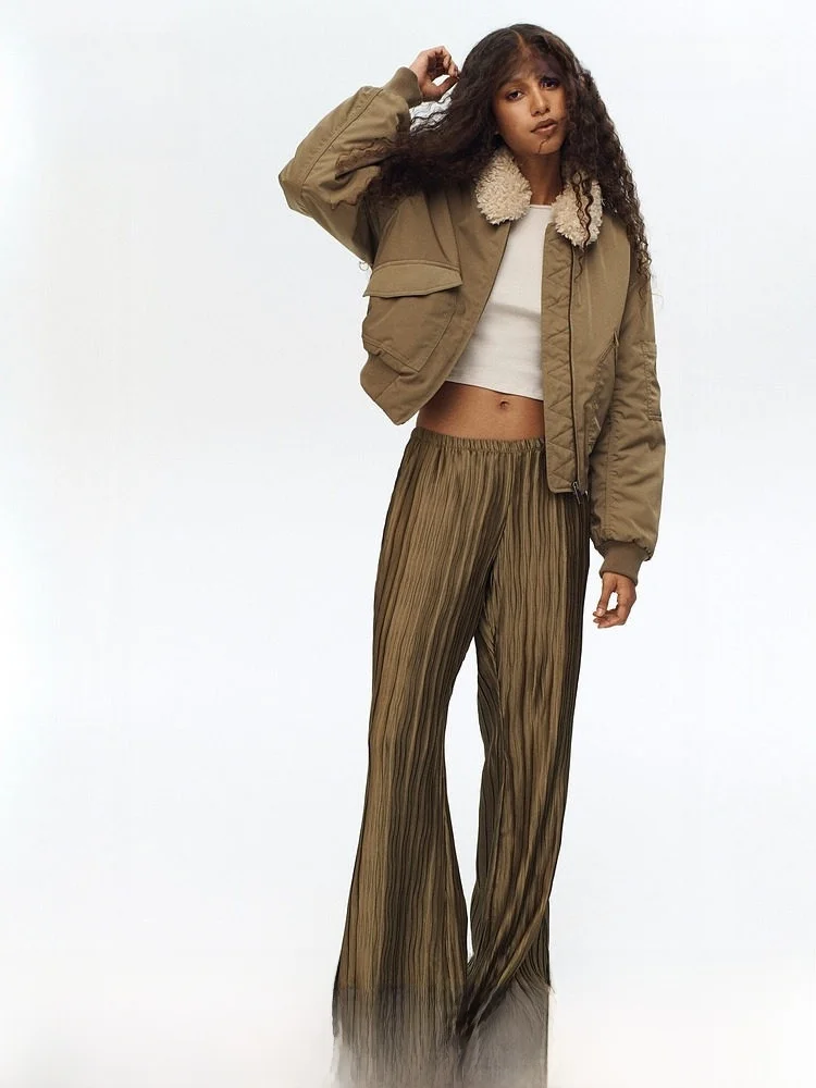 

Summer New Women's Pleated Long Pants Casual Wide Leg Pants Natural Waist Polyester Fiber 100% H&M 1318549 Ladies Casual Trou...