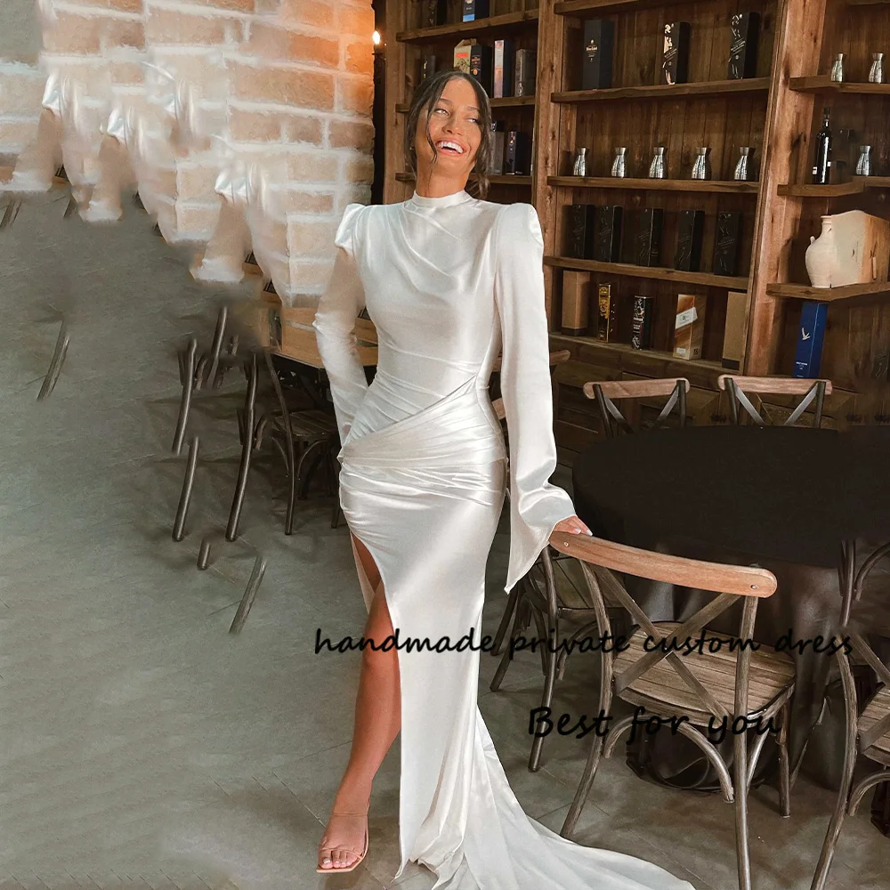 

White Mermaid Wedding Dresses Long Sleeve Pleats Satin Side Split Sexy Bride Dress Floor Length Women Wedding Party Gowns