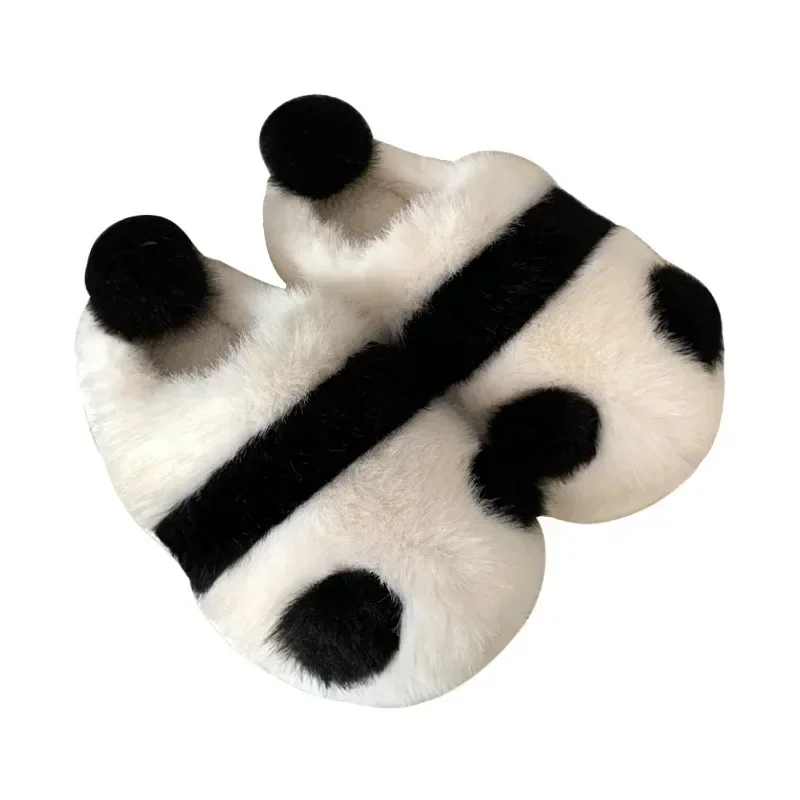 Pantuflas de Panda de Interior para mujer, zapatos planos y peludos de algodón con dibujos animados, cálidos, antideslizantes, Invierno