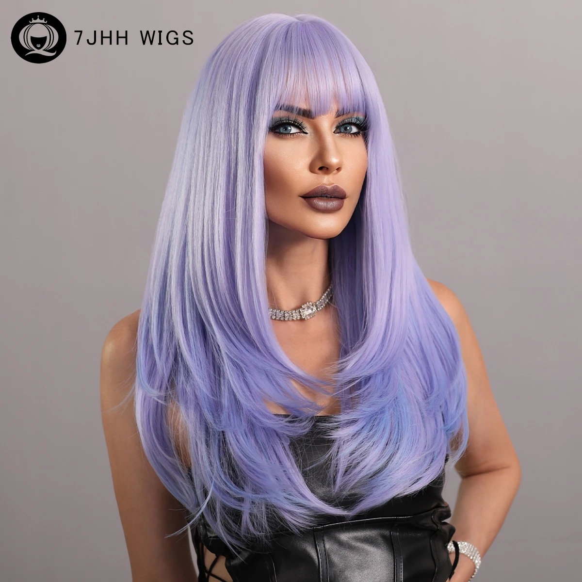 7JHH WIGS Long Wavy Purple Synthetic Wig for Women Daily Cosplay Party Natural Resistant Hair Wigs with Bangs Ombre Wigs