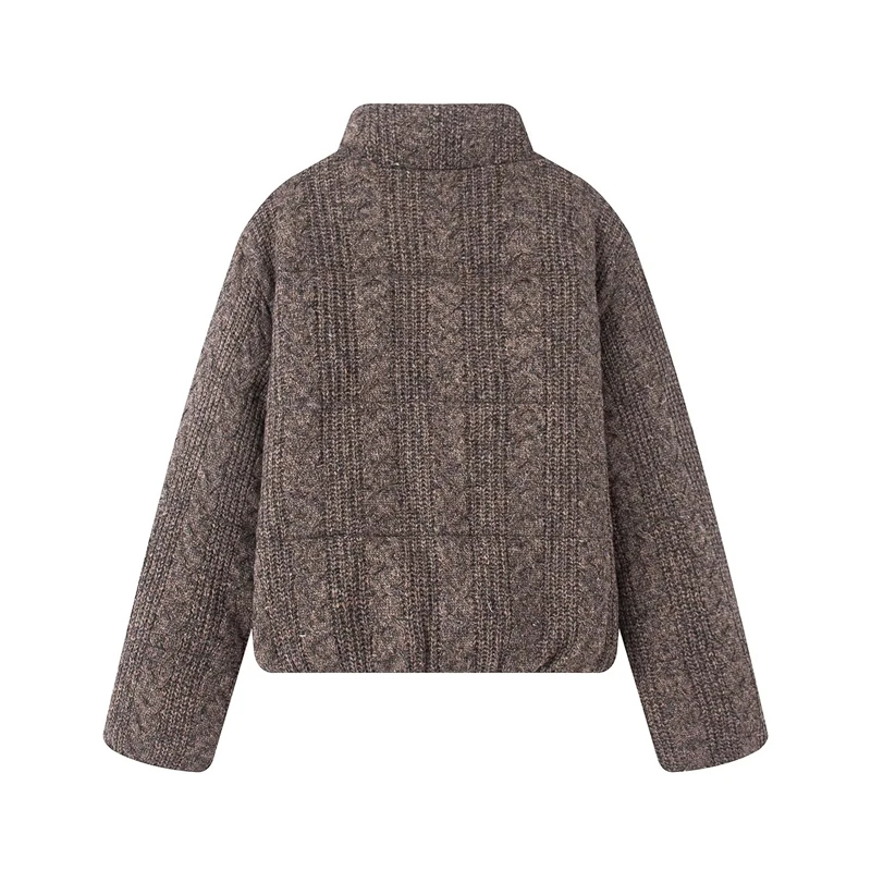 Women's Knitted Texture Stand Collar Zip Cropped Jacket Winter Warm Loose Casual Coat (Brown/Black/White)