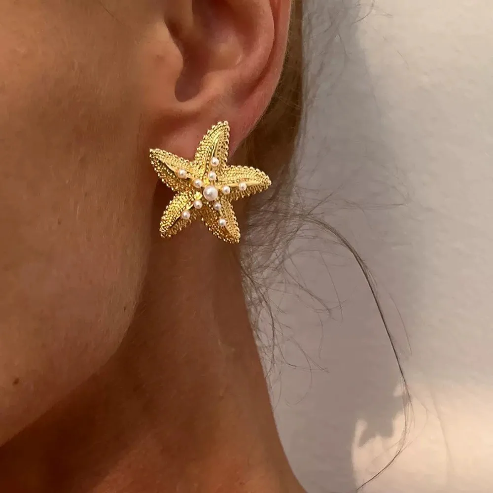 Trendy Gold Color Simulated Starfish Pendant Earrings for Women Exquisite Small Star Pearl Earring Summer Beach Daily Jewelry