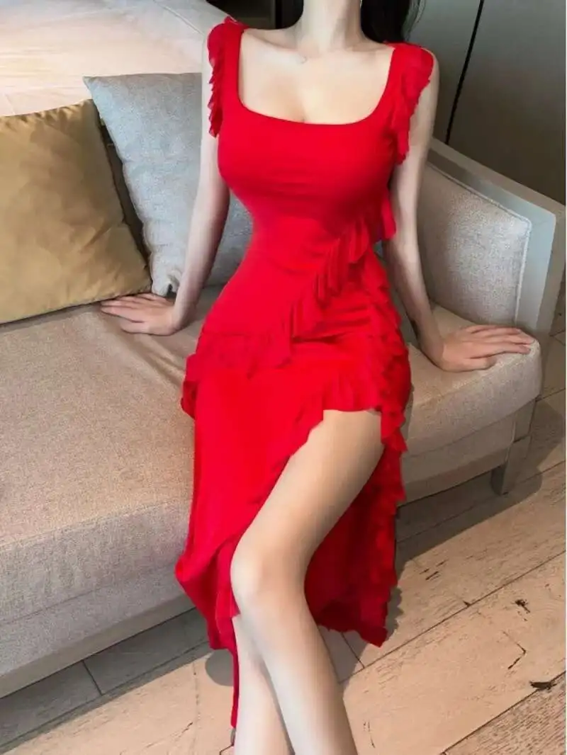 WOMENGAGA Sexy Spicy Girl Nightclub High Split Ruffle Dress Elegant Red Long Dress Slim Dress Girl Fashion Robe Womne Tops N93U