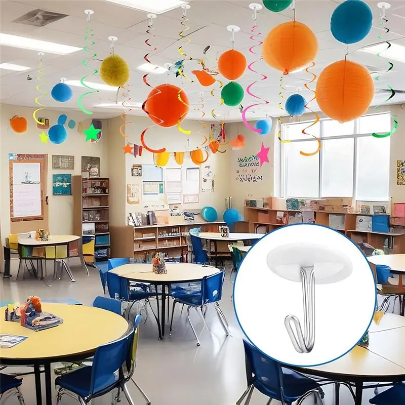 Customer Favorite White Sticky Ceiling Hooks, 50 Pack, No Drill Small Plastic Hooks For Classroom Decorations