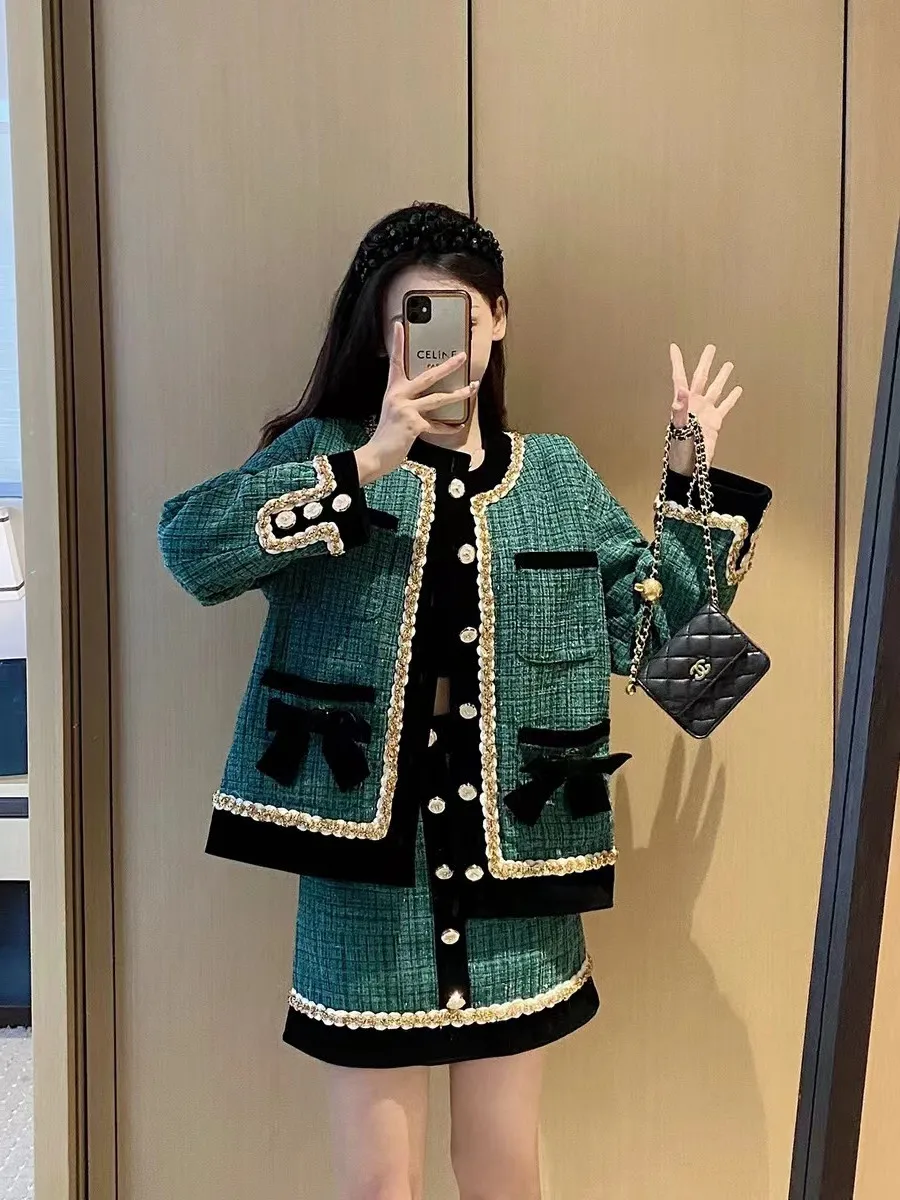 Elegant green Tweed Suits for Women High quality Pearl Button Embroidery Short Coat Irregular Skirts Two piece Crop Top Set chic