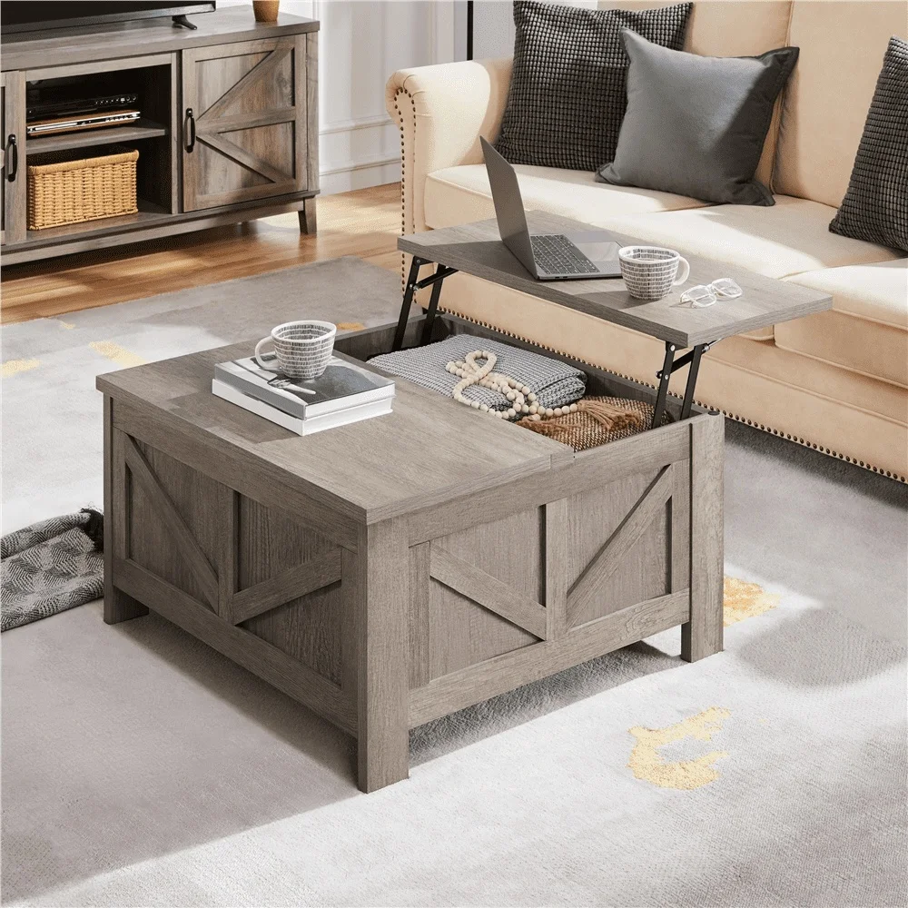 Rustic Lift-Top Coffee Table with Hidden Storage Gray MDF Compact Multifunctional Living Room Furniture Small Spaces