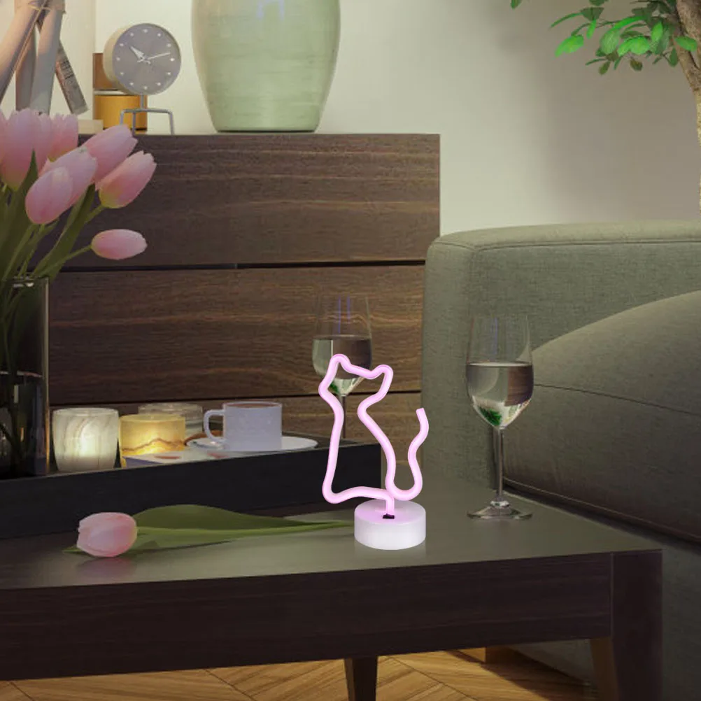 

Pink Neon Light Decor Lovely Cat Shape Night Light Home Bedroom Balcony Office Decor Mild Lighting Practical Gift