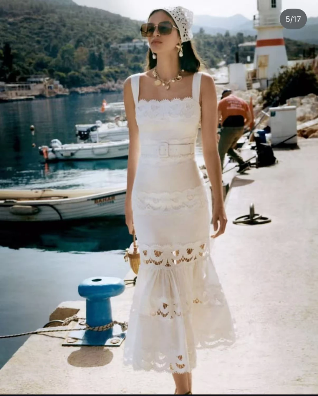 

White Lace Patchwork 2025 Beach Style High Quality Belted Hollow Out Women Trumpet Mermaid Midi Dress