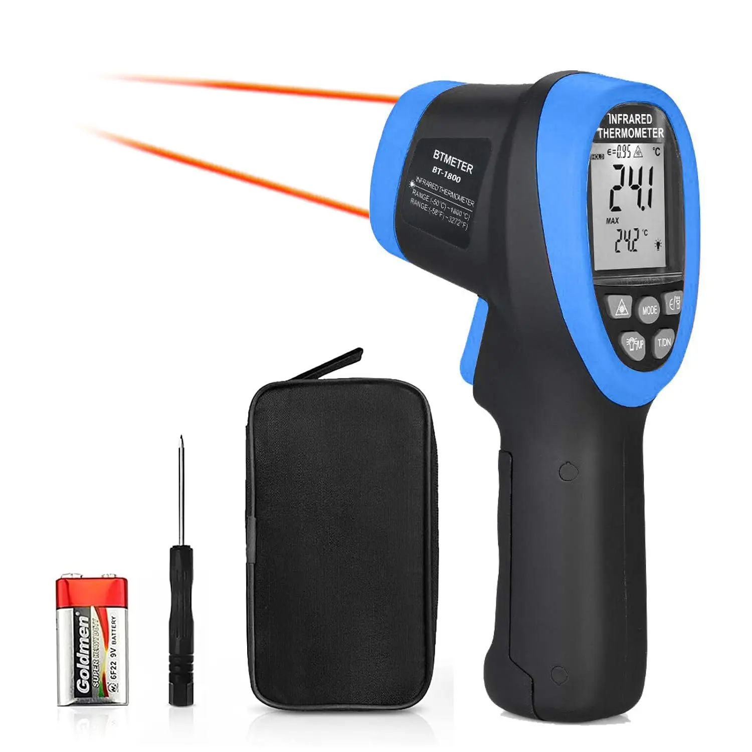 Btmeter Bt-1800 Non Contact Pyrometer High Temperature Infrared Thermometer Gun -58°F ~3272°F (-50~1800℃) Ds 50:1 For Metal