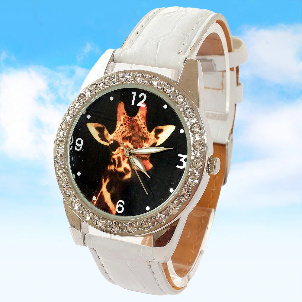 

Женские часы с изображением жирафа и животного для девочек, круглые часы с кристаллами из черной кожи для студентов, уникальный подарок