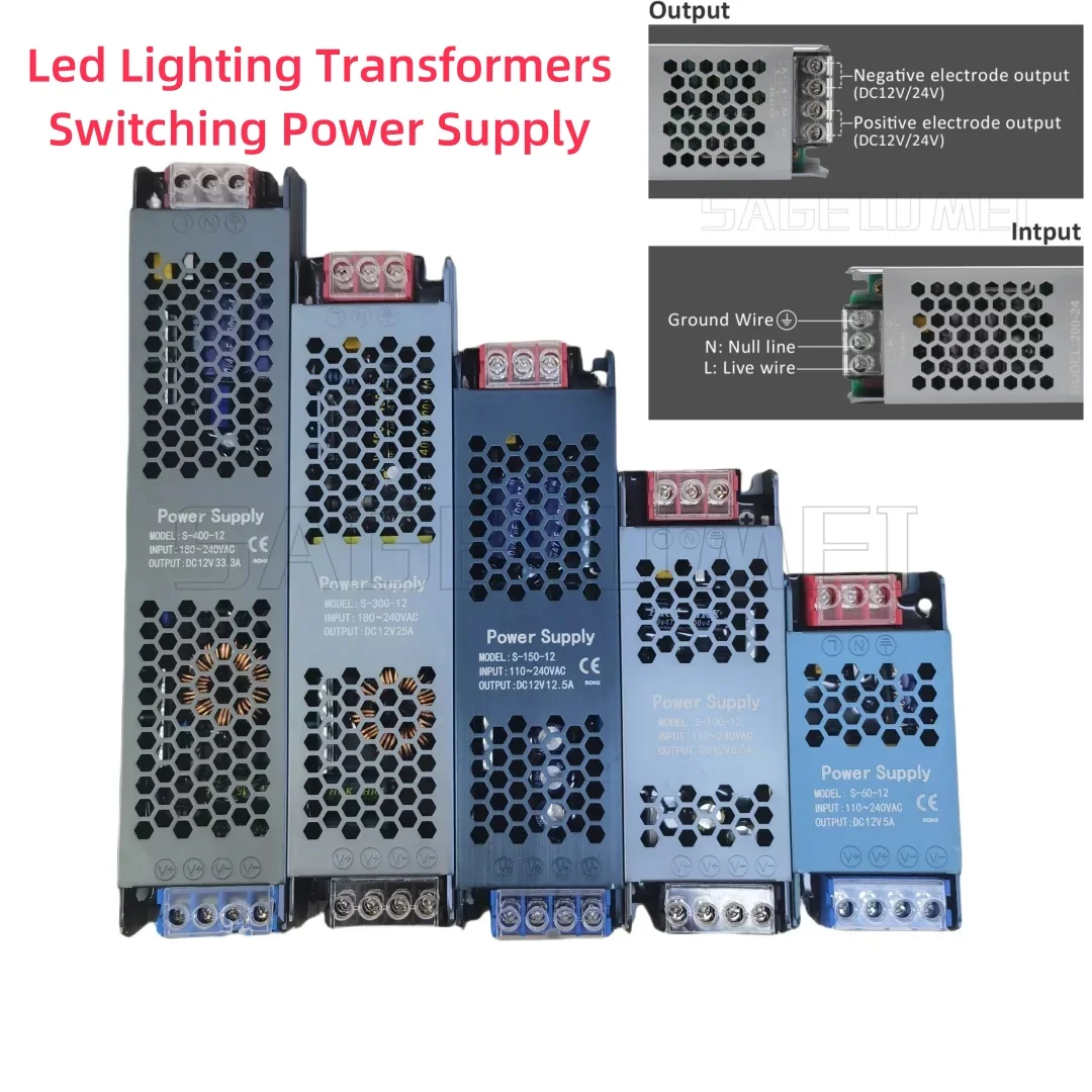 

Трансформаторы светодиодного освещения Импульсный источник питания DC12V 24V AC110-240V Бесшумный 60W 100W 150W 300/400W Светодиодный драйвер адаптера питания