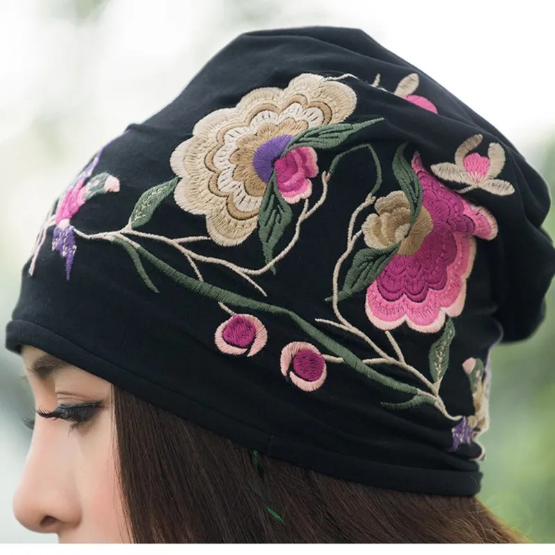 Cheshanf Cheap-clothes-china Women Autumn Winter Mexican sSyle Vintage Hippie Black Blue Flowers Embroidery Hat Skullies Beanies