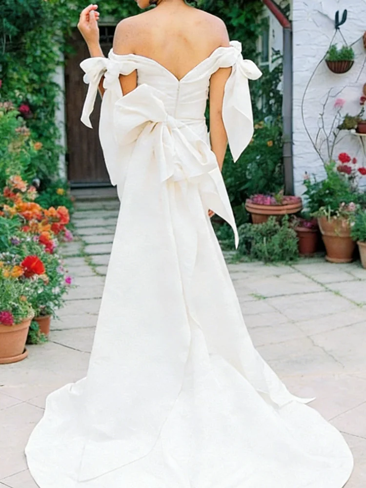 أنيقة قبالة الكتف القوس أكمام حورية البحر الطابق طول فساتين زفاف العروس أثواب الزفاف حسب الطلب